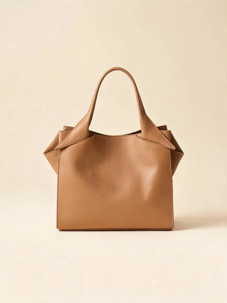 Minimal studio product photo of a structured brown leather tote bag on a warm beige background