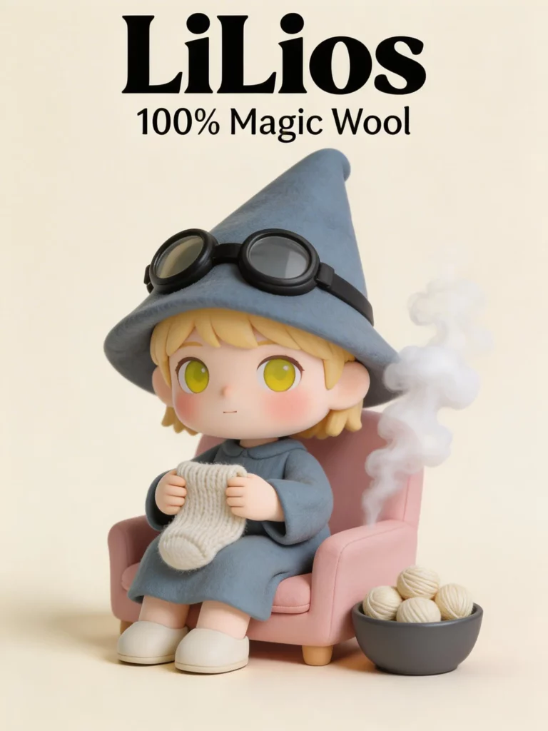 Cute 3D cartoon wizard character knitting wool in a Lilios Magic Wool promotional poster