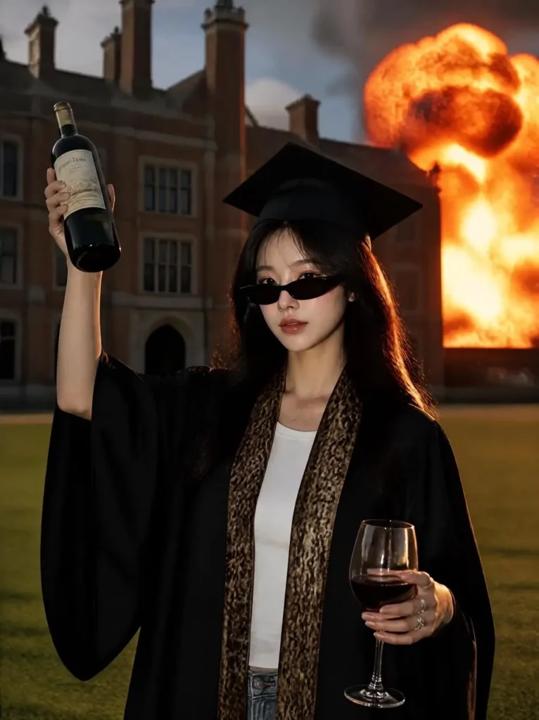 sdo – WeShop AI Blog Graduate holding a wine bottle and glass in front of an explosive cinematic campus background.