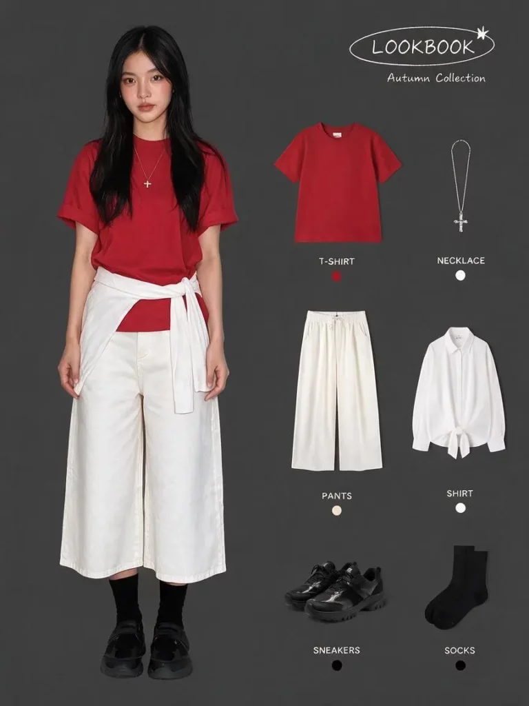 sdq – WeShop AI Blog Seedream 5.0 fashion lookbook showing a model in a red T-shirt with coordinated outfit pieces on a dark layout.