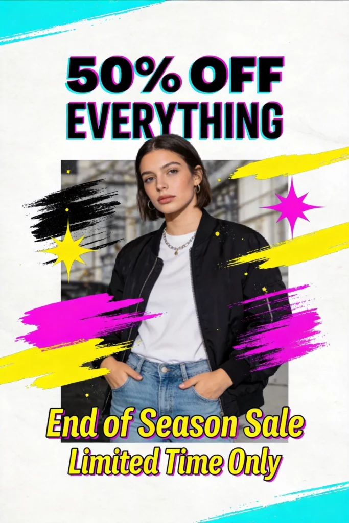sdr – WeShop AI Blog Colorful end-of-season sale poster featuring a fashion model and bold 50% off text.
