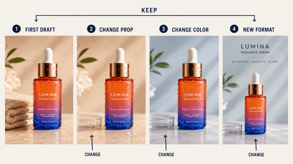 sdre – WeShop AI Blog Seedream 5.0 Pro prompt workflow showing controlled product and layout revisions