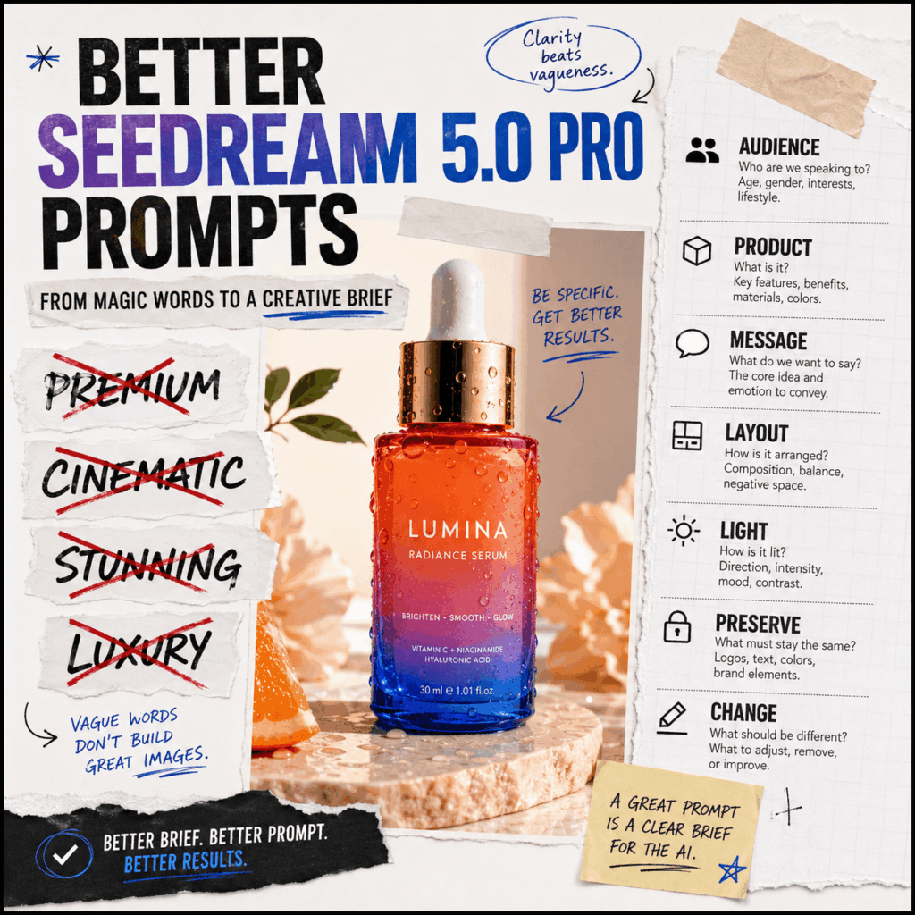 Better Seedream 5.0 Pro Prompts Creative Brief – WeShop AI Blog Better Seedream 5.0 Pro prompts explained through a structured skincare creative brief