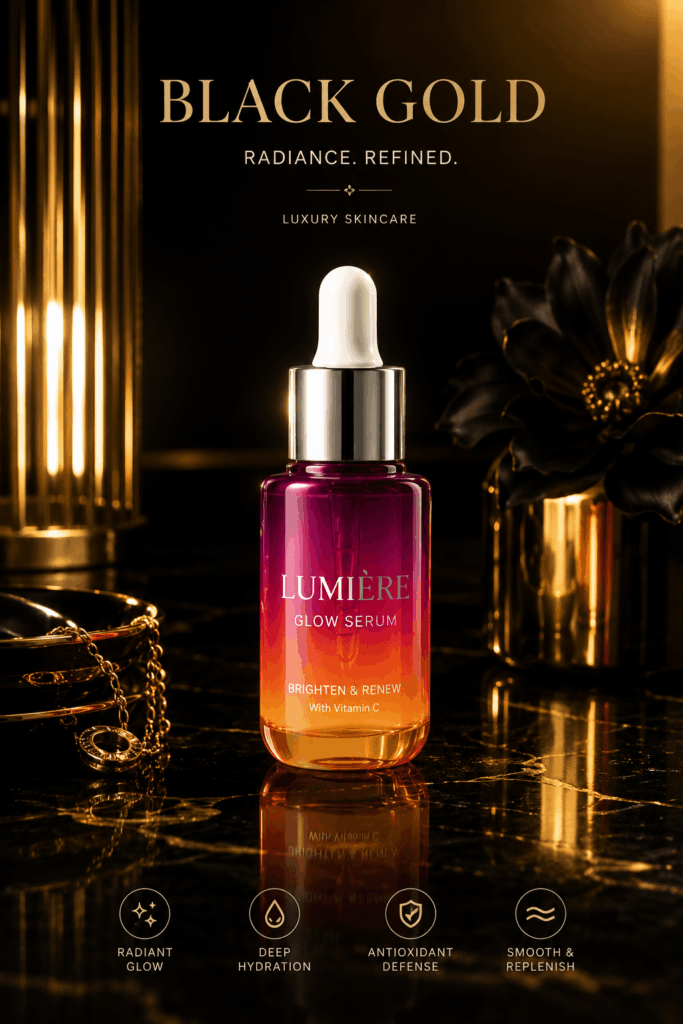 sdrr – WeShop AI Blog Colorful serum bottle in a dramatic black-and-gold luxury skincare campaign