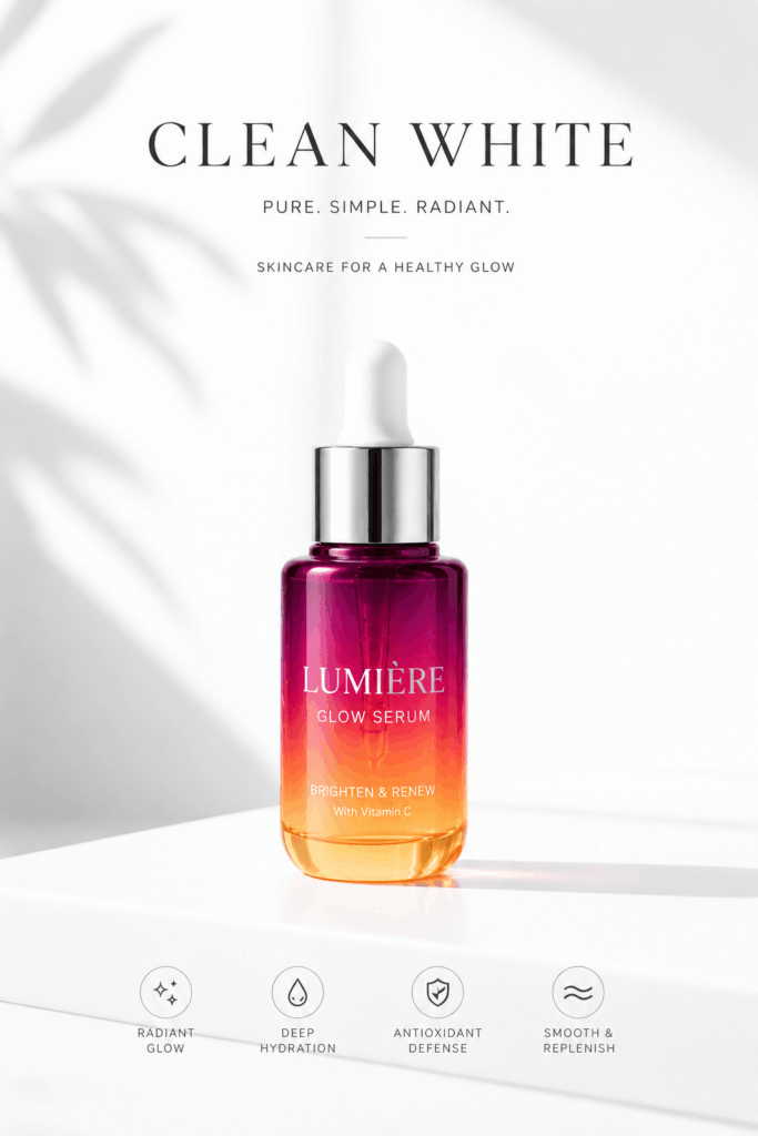 sdrt – WeShop AI Blog Colorful serum bottle in a bright minimal white skincare advertisement