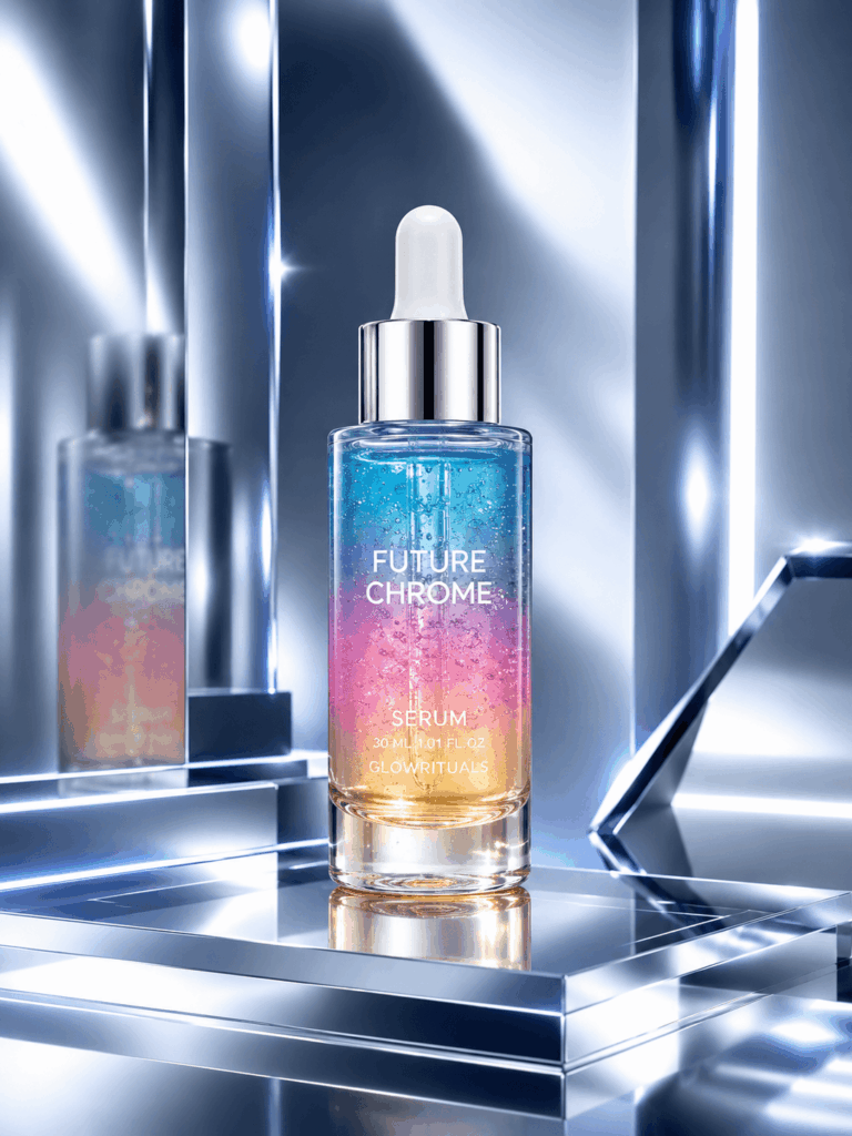 sdru – WeShop AI Blog Colorful serum bottle in a futuristic chrome studio with cool blue lighting
