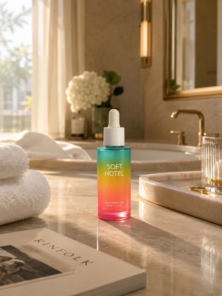 sdry – WeShop AI Blog Colorful serum bottle in a warm luxury hotel bathroom with morning light