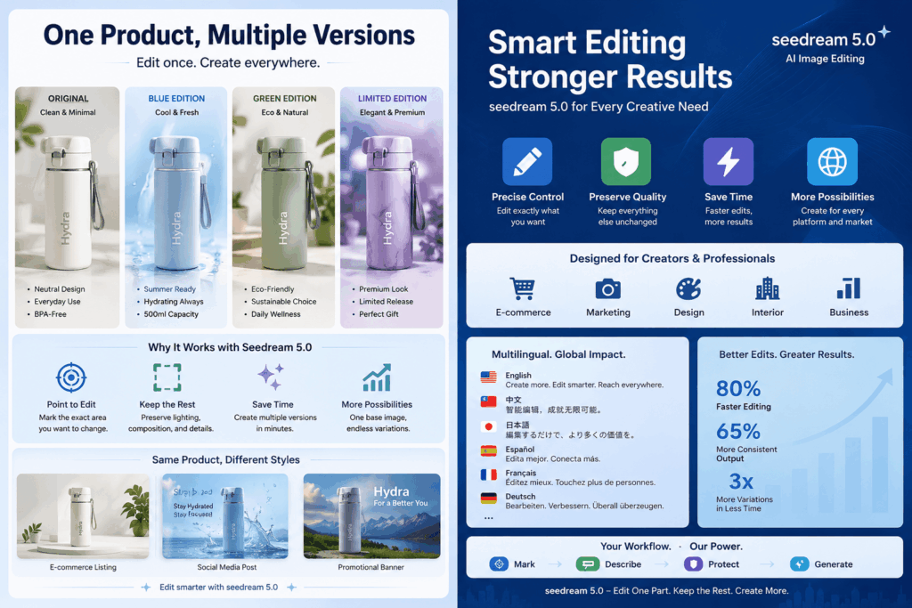 seedream5.0 infographic showing multiple bottle color versions, precise editing benefits, multilingual content, and creative uses