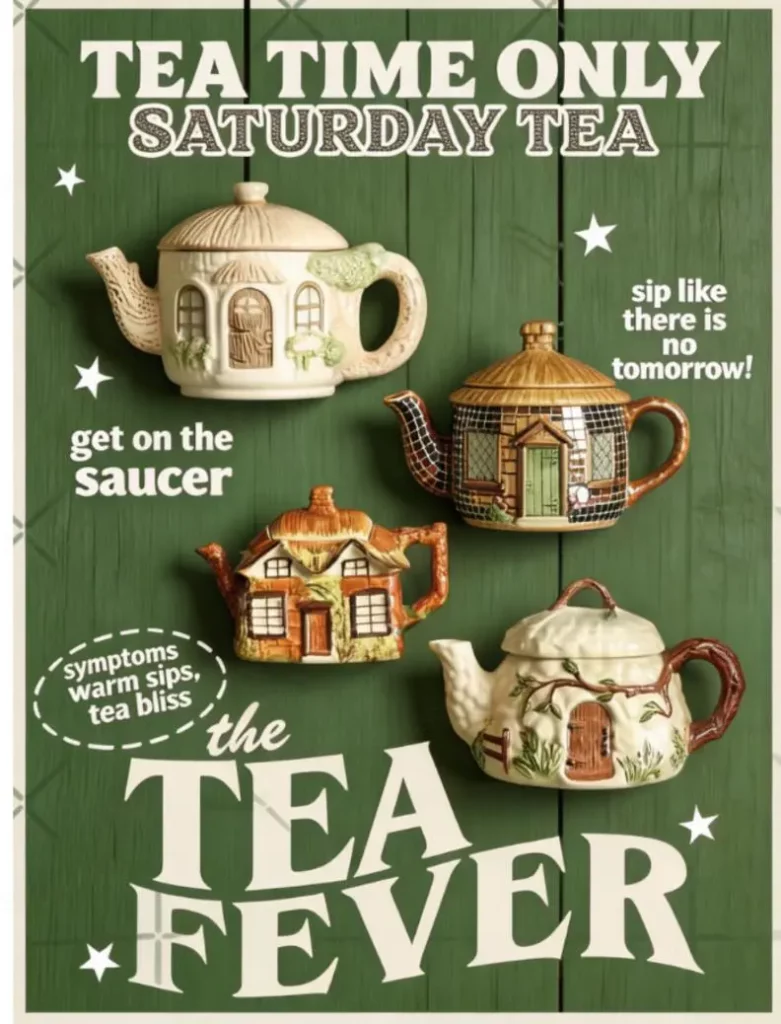 sdu – WeShop AI Blog Retro green advertisement featuring four house-shaped teapots and playful Tea Fever typography.