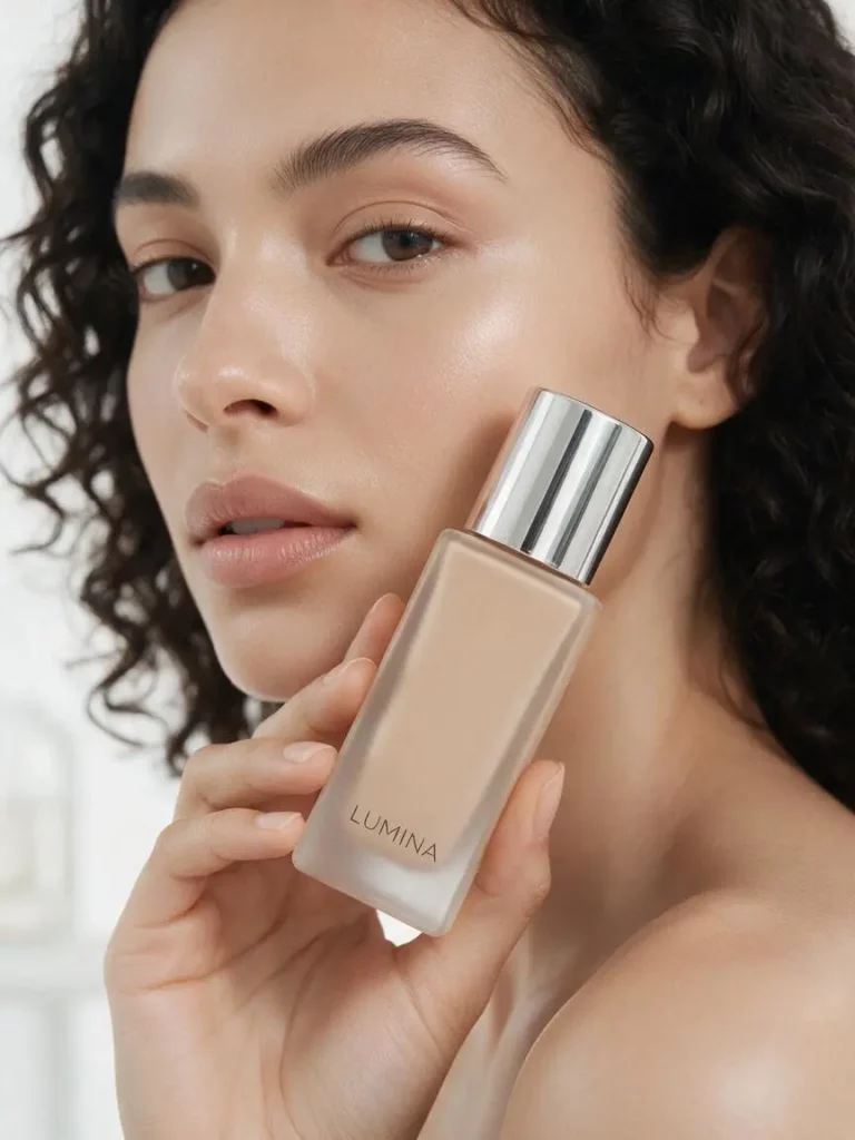 Seedream 5.0 Beauty Foundation Campaign – WeShop AI Blog Beauty model holding a beige foundation bottle in a clean close-up product campaign.