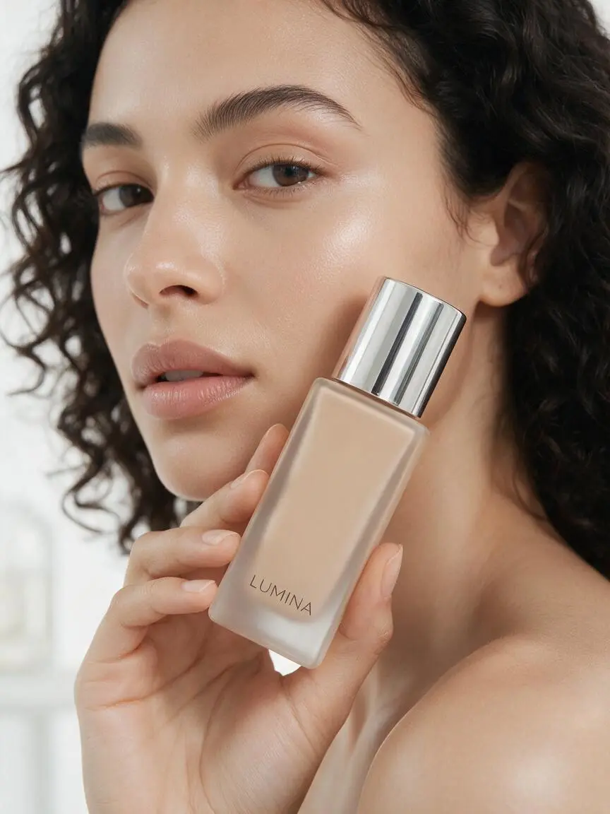 Beauty model holding a foundation bottle in a clean Seedream 5.0 cosmetics campaign.