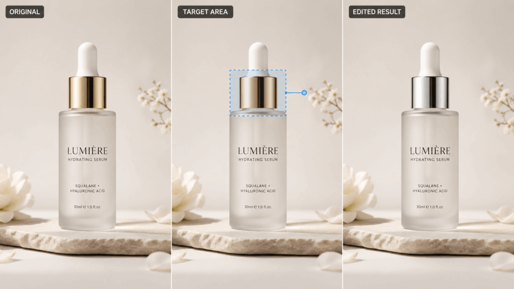 seedream5.0 precise editing example showing the original serum bottle, selected cap area, and silver cap result