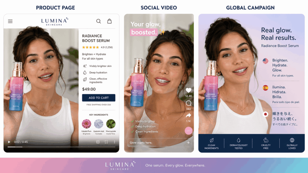 The same skincare spokesperson video adapted for a product page, social video, and global campaign.