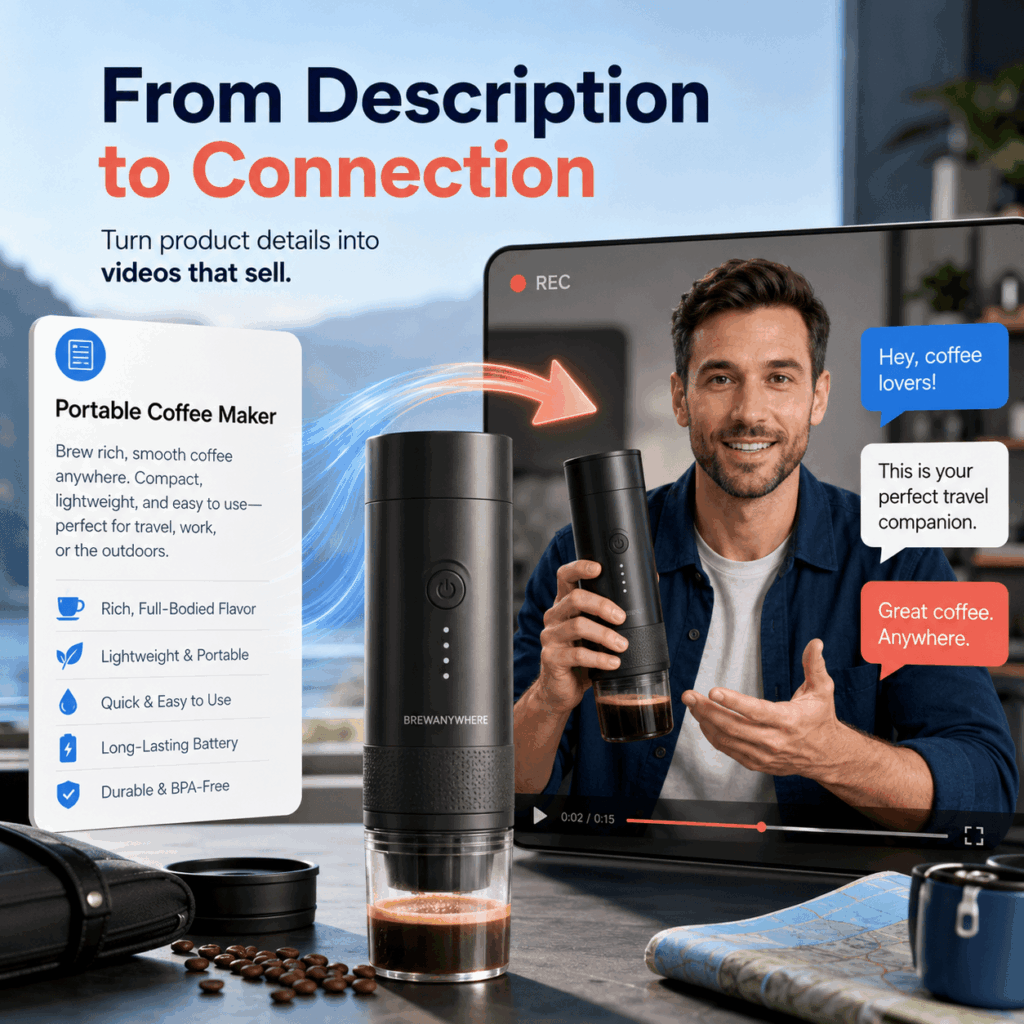 AI Spokesperson Video turns a portable coffee maker description into a presenter-led product sales video.