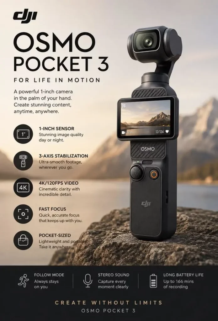 DJI Osmo Pocket 3 product advertisement highlighting its camera, stabilization, video, focus, and battery features.