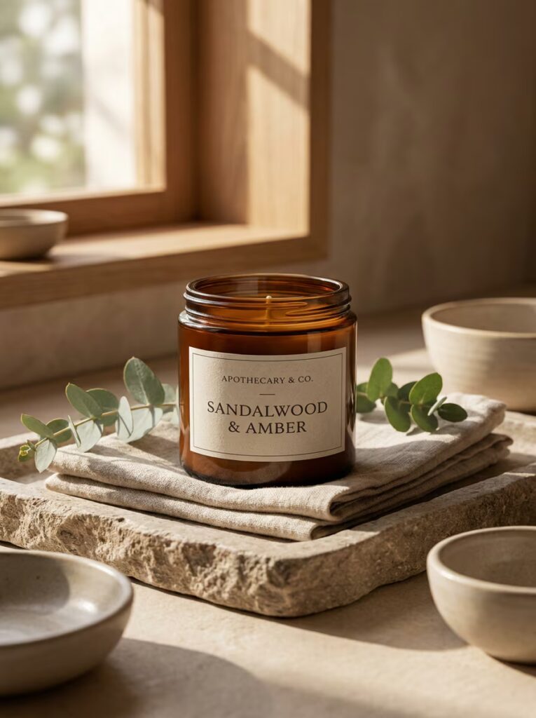 Amber glass sandalwood and amber candle styled with folded linen, eucalyptus leaves, and warm window light.