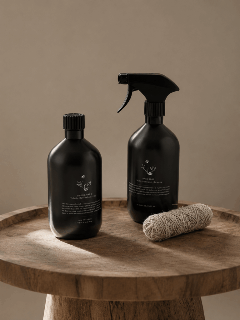 Two black cleaning bottles arranged on a wooden table against a minimal neutral studio background.