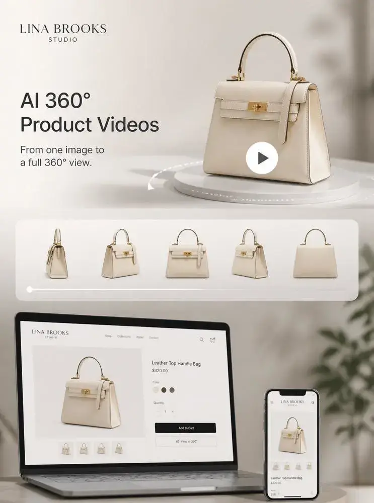 AI 360° product video mockup showing a luxury handbag, 360-degree angle thumbnails, ecommerce product page, laptop preview, and mobile shopping view.