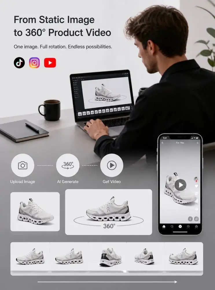 AI 360 Video Production collage showing a sculptural handbag from multiple angles with a glowing 360-degree rotation arc, product video panels, and soft editorial backgrounds.