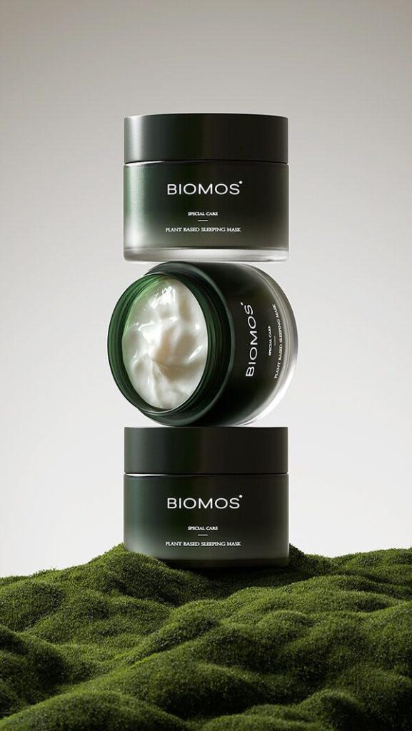 uga – WeShop AI Blog Three dark green skincare jars arranged above a textured moss surface for a premium product video concept.