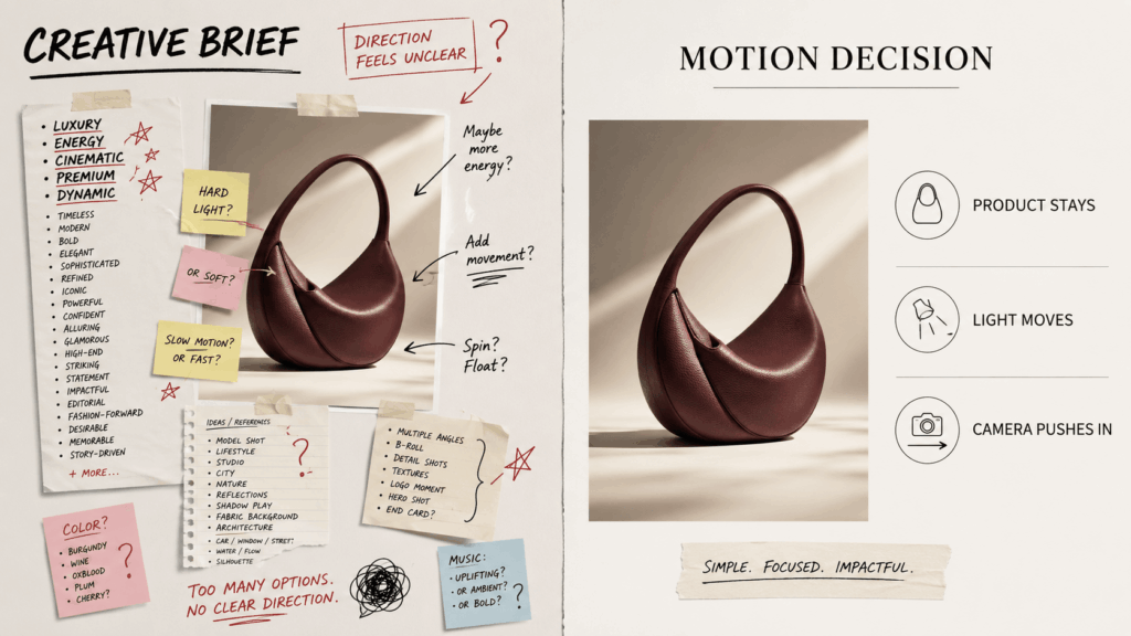 ugg – WeShop AI Blog Comparison between an unclear creative brief and a focused motion decision for a burgundy handbag campaign.