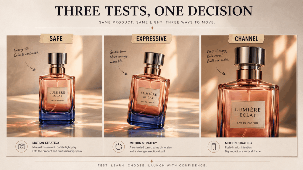 ugt – WeShop AI Blog The same perfume bottle shown in safe, expressive, and channel-focused Image to Video AI Generator tests.