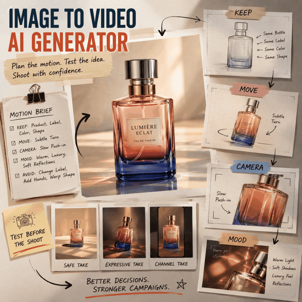 Image to Video AI Generator Pre-Shoot Planning – WeShop AI Blog Image to Video AI Generator campaign planning board showing a perfume bottle, motion brief, camera direction, and three pre-shoot video tests.