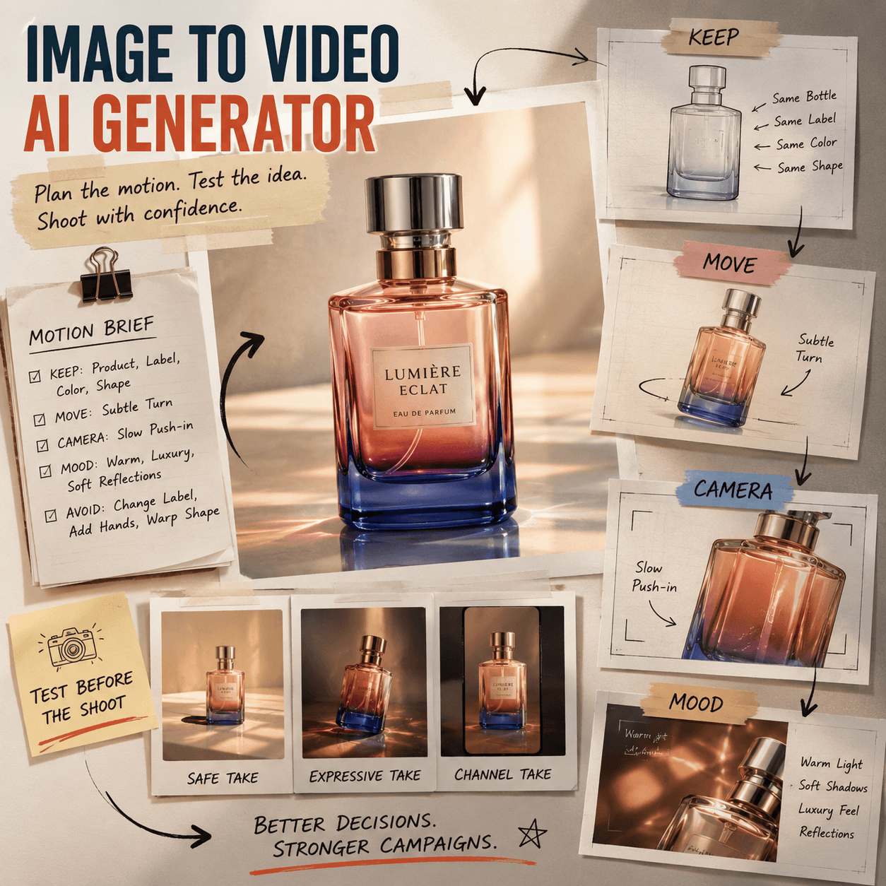 Image to Video AI Generator campaign planning board showing a perfume bottle, motion brief, camera direction, and three pre-shoot video tests.
