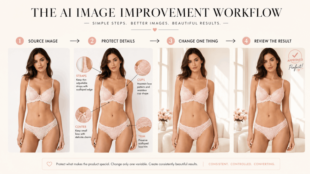 uwo – WeShop AI Blog Four-step AI lingerie image workflow showing the source image, protected details, one controlled change, and the approved result.