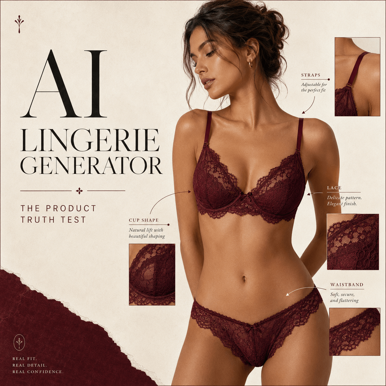 AI Lingerie Generator editorial cover with checks for straps, lace, cup shape, and waistband.