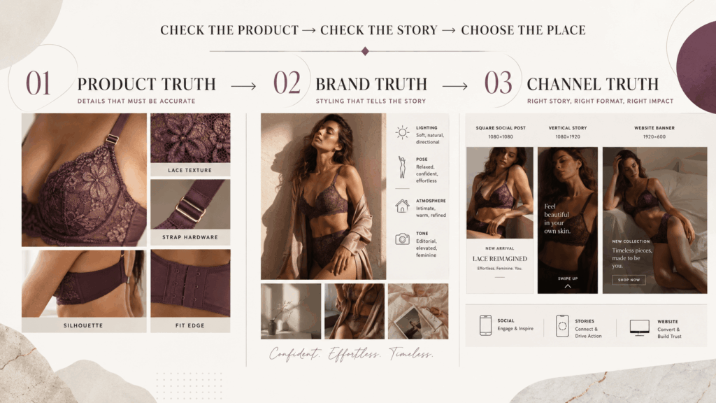 uwu – WeShop AI Blog Three-step AI Lingerie Generator review workflow covering product truth, brand truth, and channel truth.