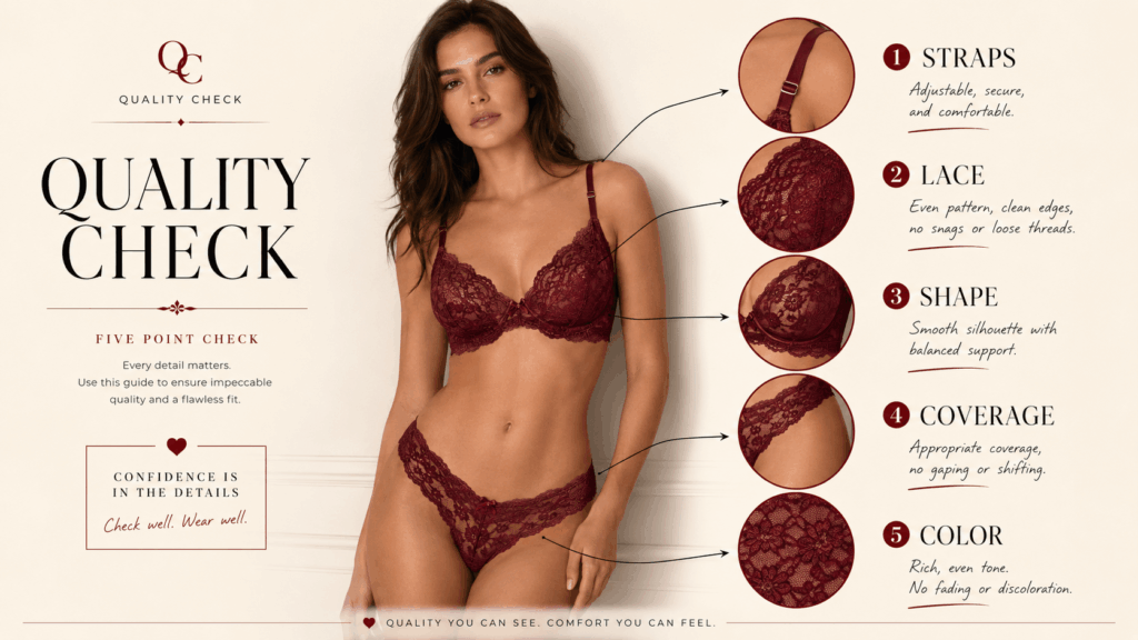 uww – WeShop AI Blog AI Lingerie Generator quality-check board highlighting straps, lace, shape, coverage, and color on a burgundy lingerie set.