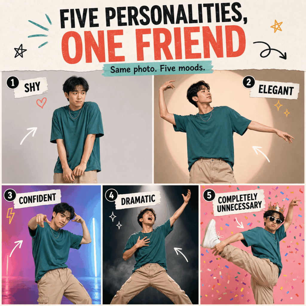 The same friend performs five dance personalities: shy, elegant, confident, dramatic, and completely unnecessary.