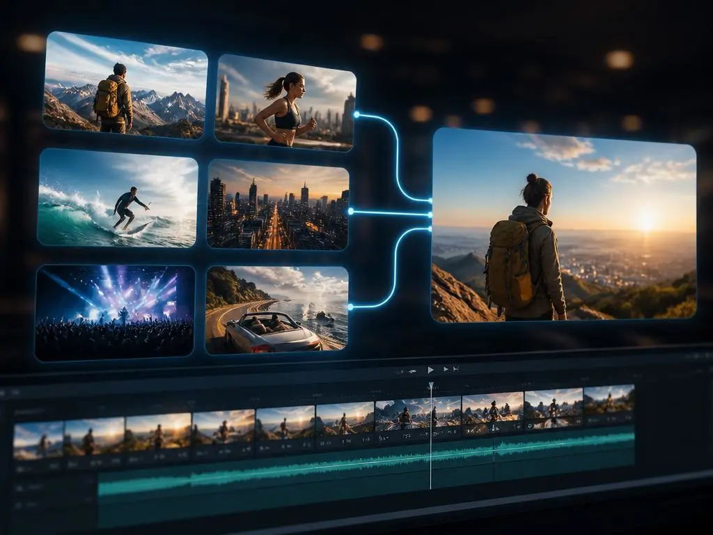 vce – WeShop AI Blog Multiple travel, sports, city, and lifestyle clips connecting into one cohesive sunset video.