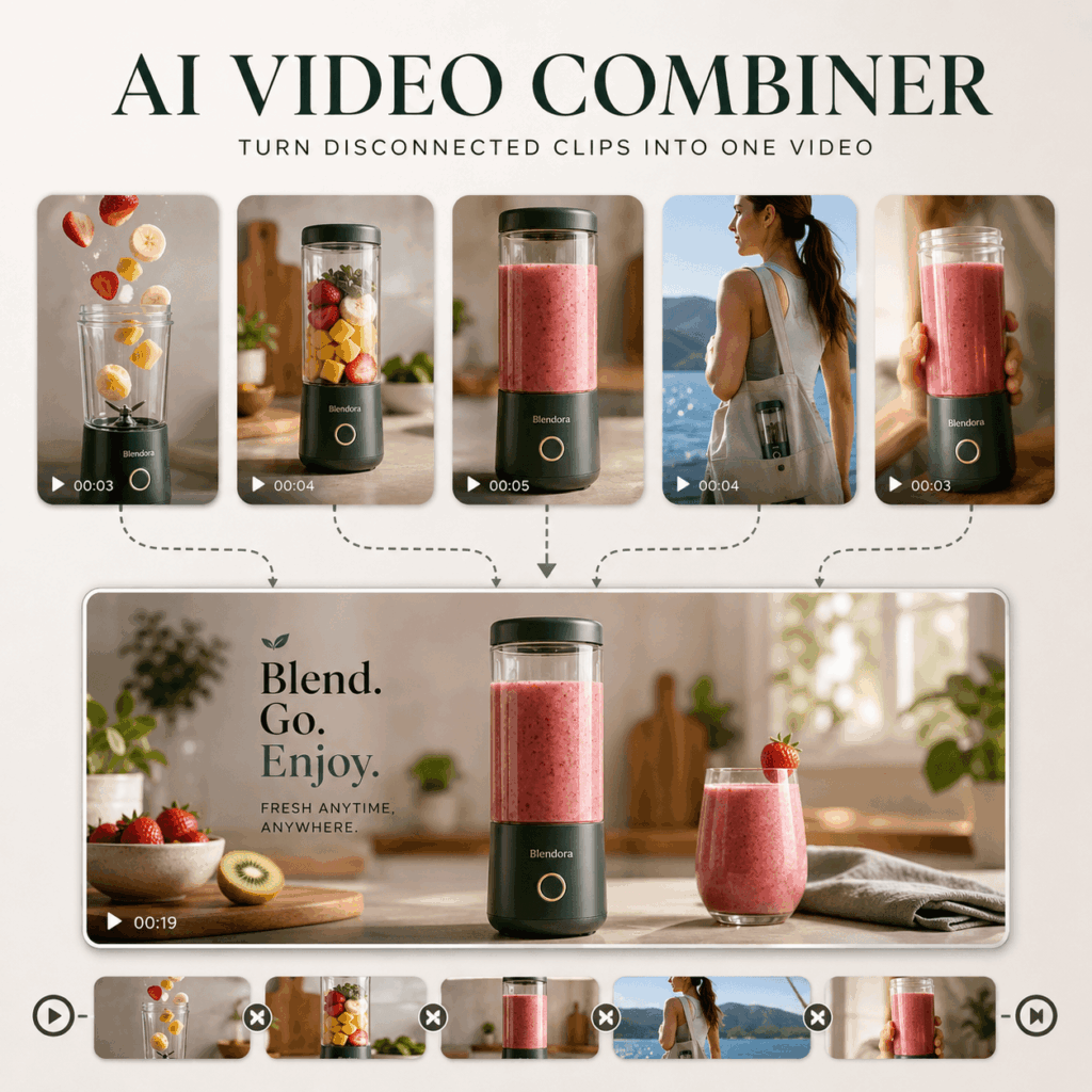 AI Video Combiner for Cohesive Video Editing – WeShop AI Blog AI Video Combiner turning five disconnected portable blender clips into one cohesive product video.