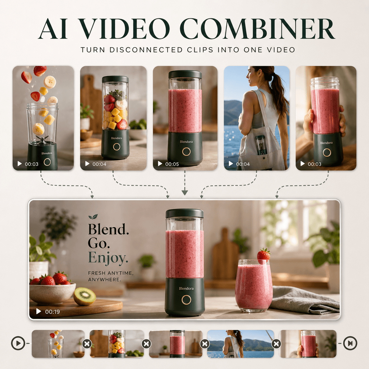 AI Video Combiner turning five disconnected portable blender clips into one cohesive product video.