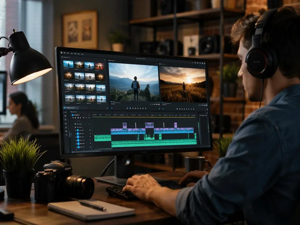 vct – WeShop AI Blog Video creator reviewing travel clips, audio tracks, and scene order on a desktop editing timeline.