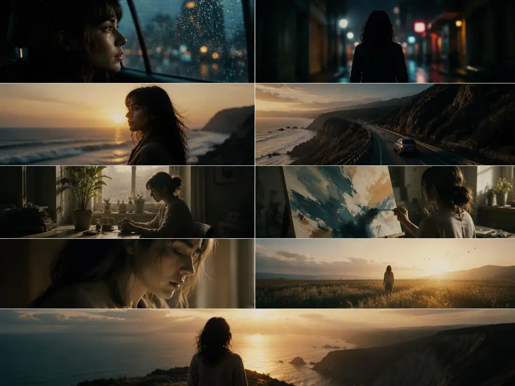 vcu – WeShop AI Blog Cinematic AI-generated clips of a woman moving through night, coastal, indoor, and sunset scenes.