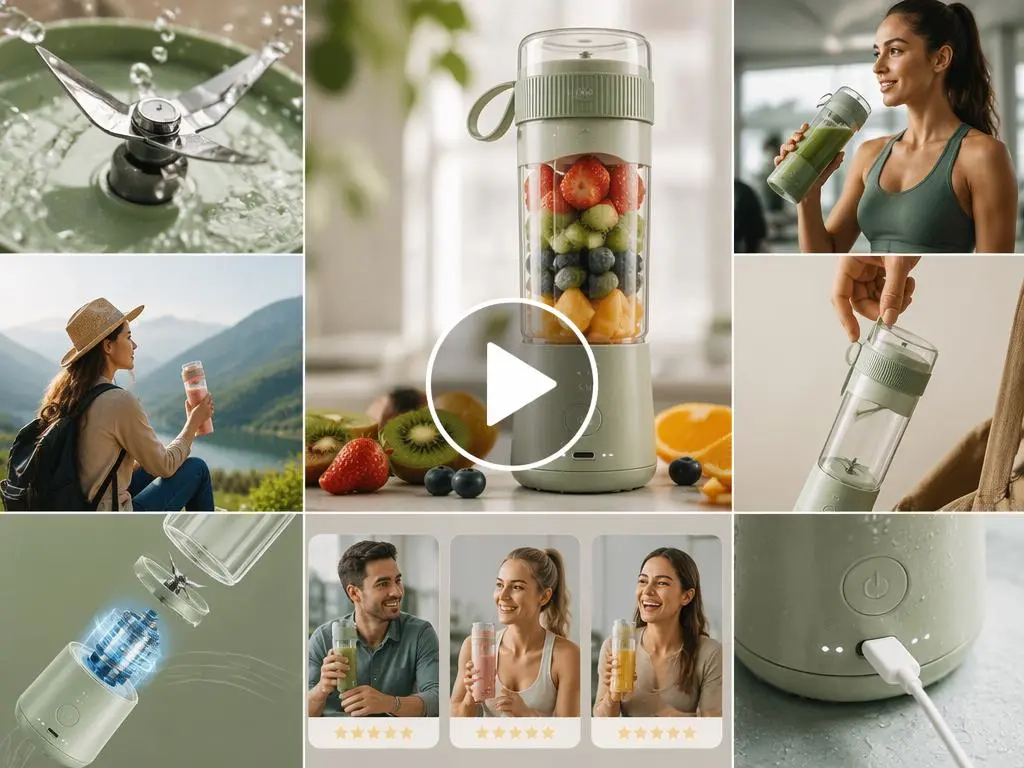 vcy – WeShop AI Blog Portable blender video collage showing product details, fruit preparation, charging, outdoor use, and customer reactions.