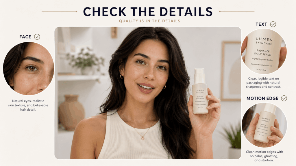 ve2 – WeShop AI Blog AI video enhancement quality-check board reviewing natural facial details, readable product text, and clean motion edges.