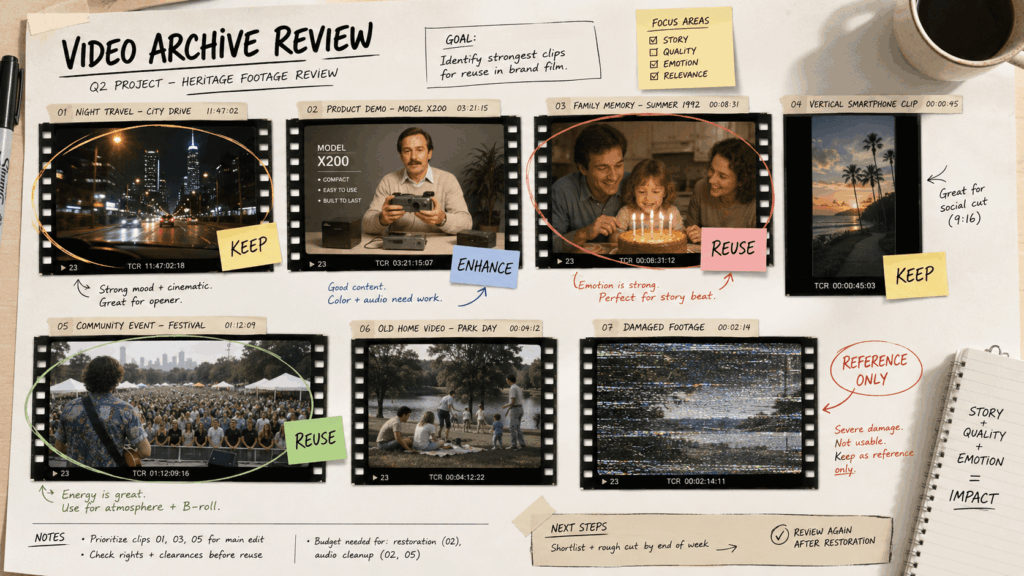 ve4 – WeShop AI Blog Video archive review board sorting travel, product, family, smartphone, event, and damaged footage for enhancement and reuse.