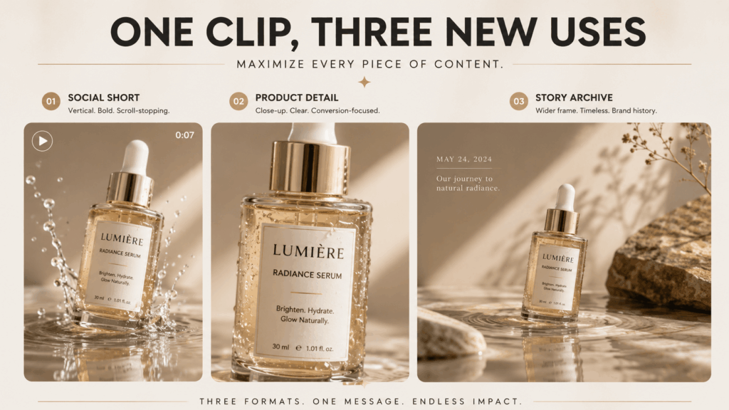 ve5 – WeShop AI Blog The same enhanced skincare product video adapted into a social short, product detail clip, and brand story archive.