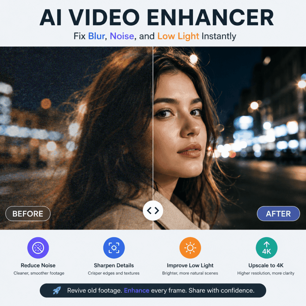 AI Video Enhancer for Blur, Noise, and Low Light – WeShop AI Blog AI Video Enhancer before-and-after comparison showing reduced noise, sharper facial details, improved low light, and 4K video upscaling.
