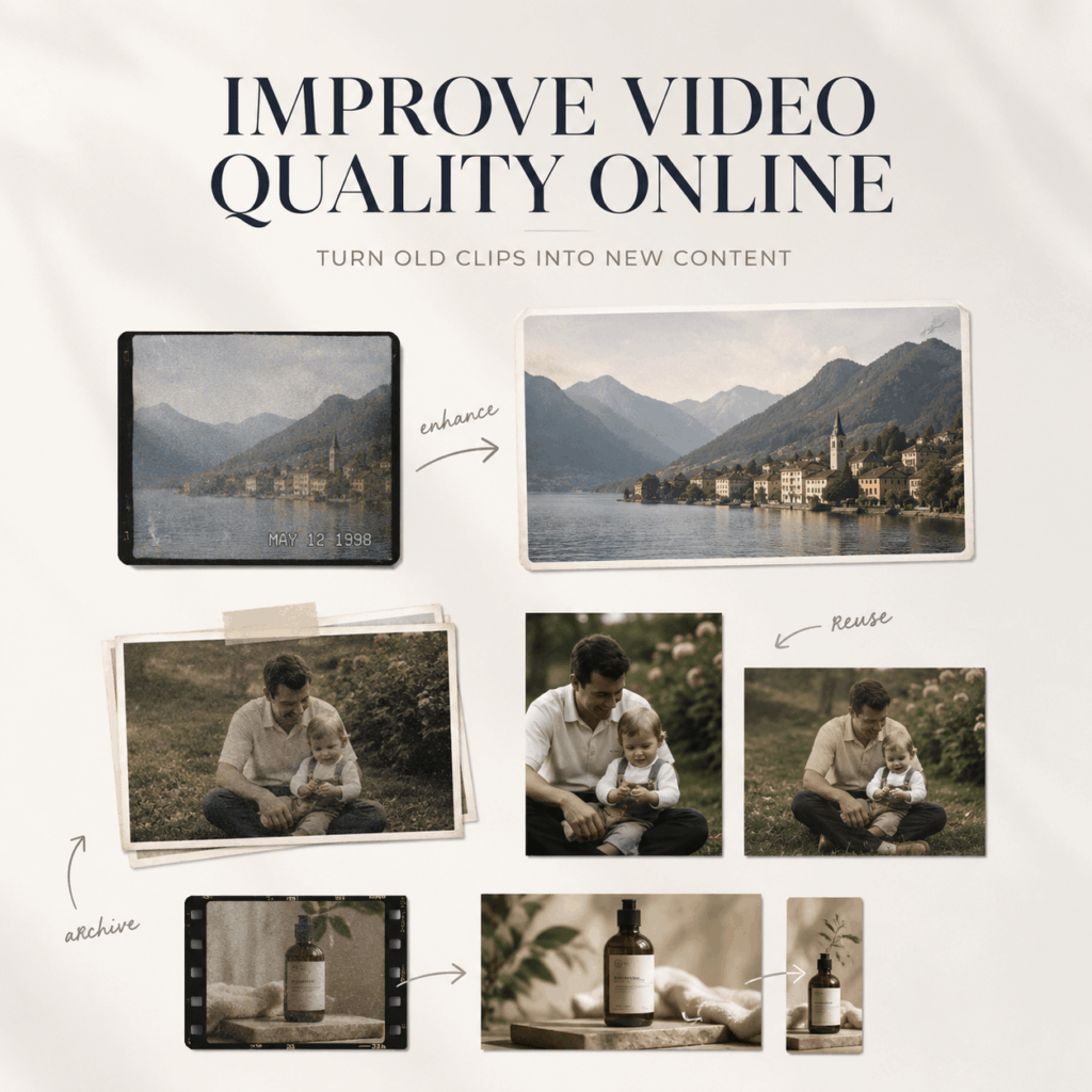 Improve Video Quality Online and Reuse Old Clips – WeShop AI Blog Improve Video Quality Online cover showing old travel, family, and product clips enhanced and repurposed into clearer new content.