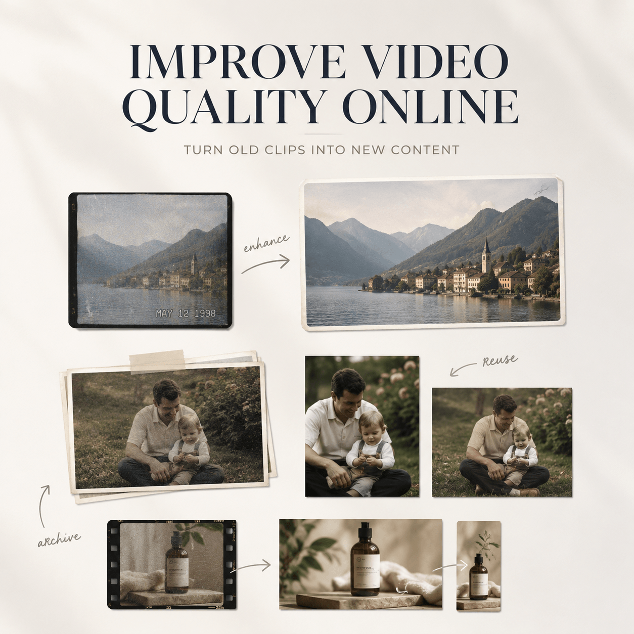 Improve Video Quality Online cover showing old travel, family, and product clips enhanced and repurposed into clearer new content.