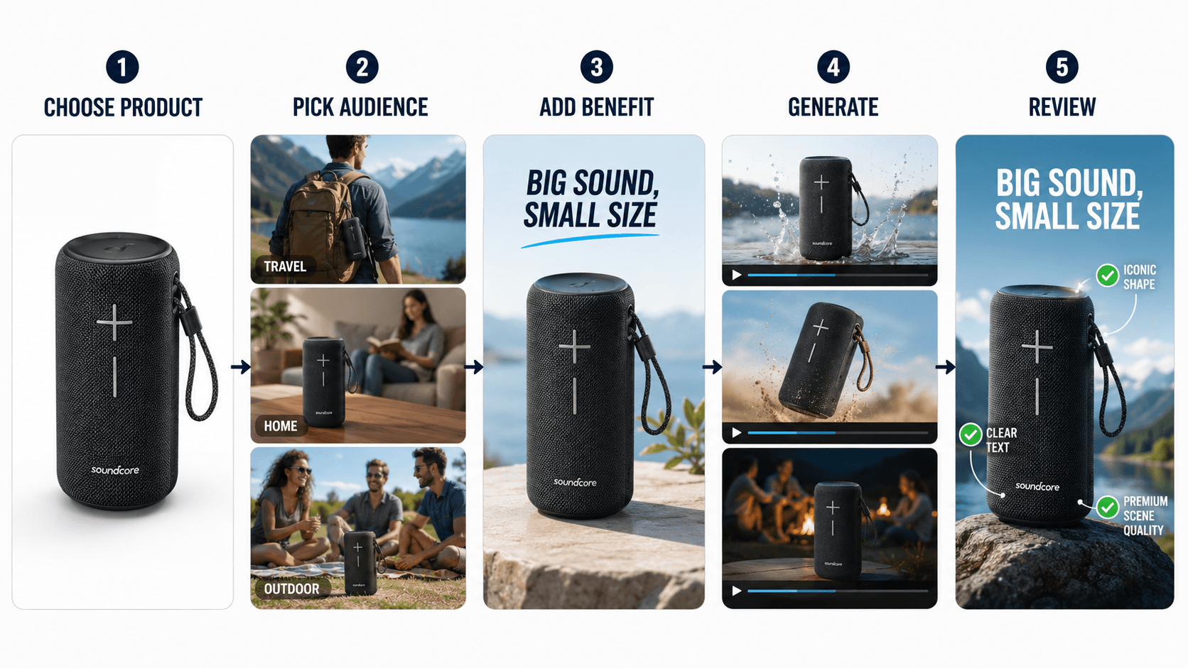 Five-step AI Marketing Video Generator workflow showing how to choose a product, select an audience, add a benefit, generate video scenes, and review the result.