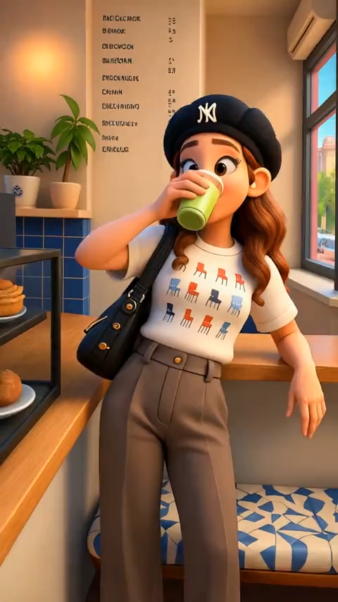 3D cartoon woman drinking a green beverage in a café, created with a 3D Cartoon Generator.