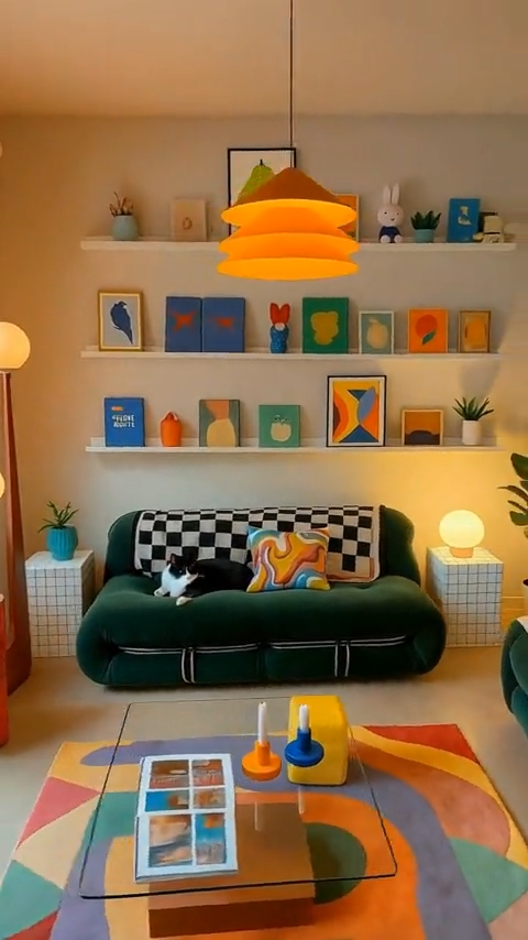AI 360 Video Production transforms a colorful retro living room image into a smooth multi-angle interior video.