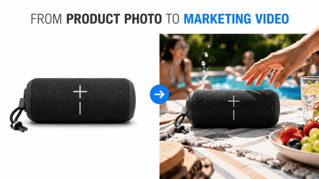 AI Marketing Video Generator comparison showing a portable speaker transformed from a white-background product photo into a poolside marketing video scene.