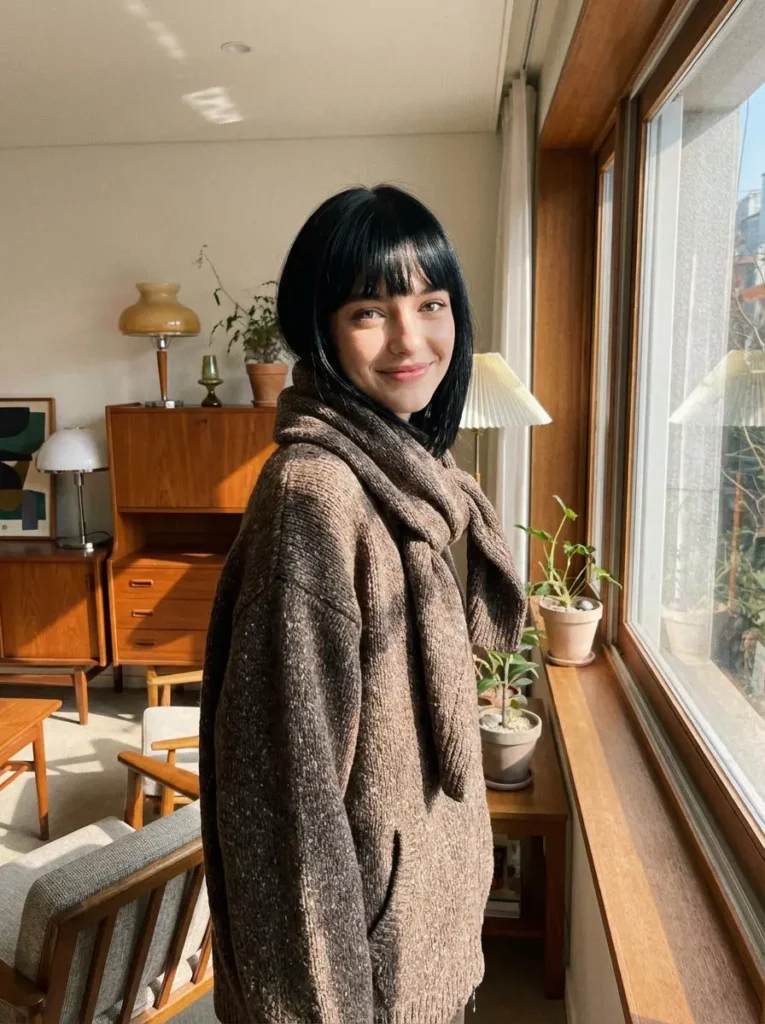 vtd – WeShop AI Blog Woman wearing an oversized brown knit sweater and scarf beside a sunlit apartment window.